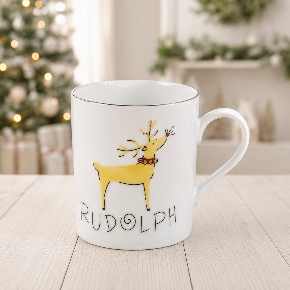 Pottery Barn Rudolph Reindeer Christmas Mug White Silver Rim Japan 4" Holiday